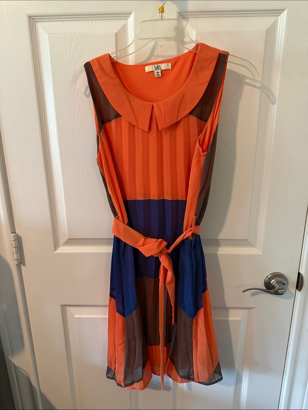 Ya Los Angeles Orange, Blue & Brown Sleeveless Colorblock Dress with Tie Waist